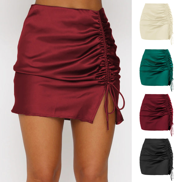 Women's Solid Color Pleating Hip Sexy High Waist Zipper Satin Skirts