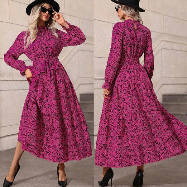 Stand Collar Ruffle Long Sleeve Waist Dresses