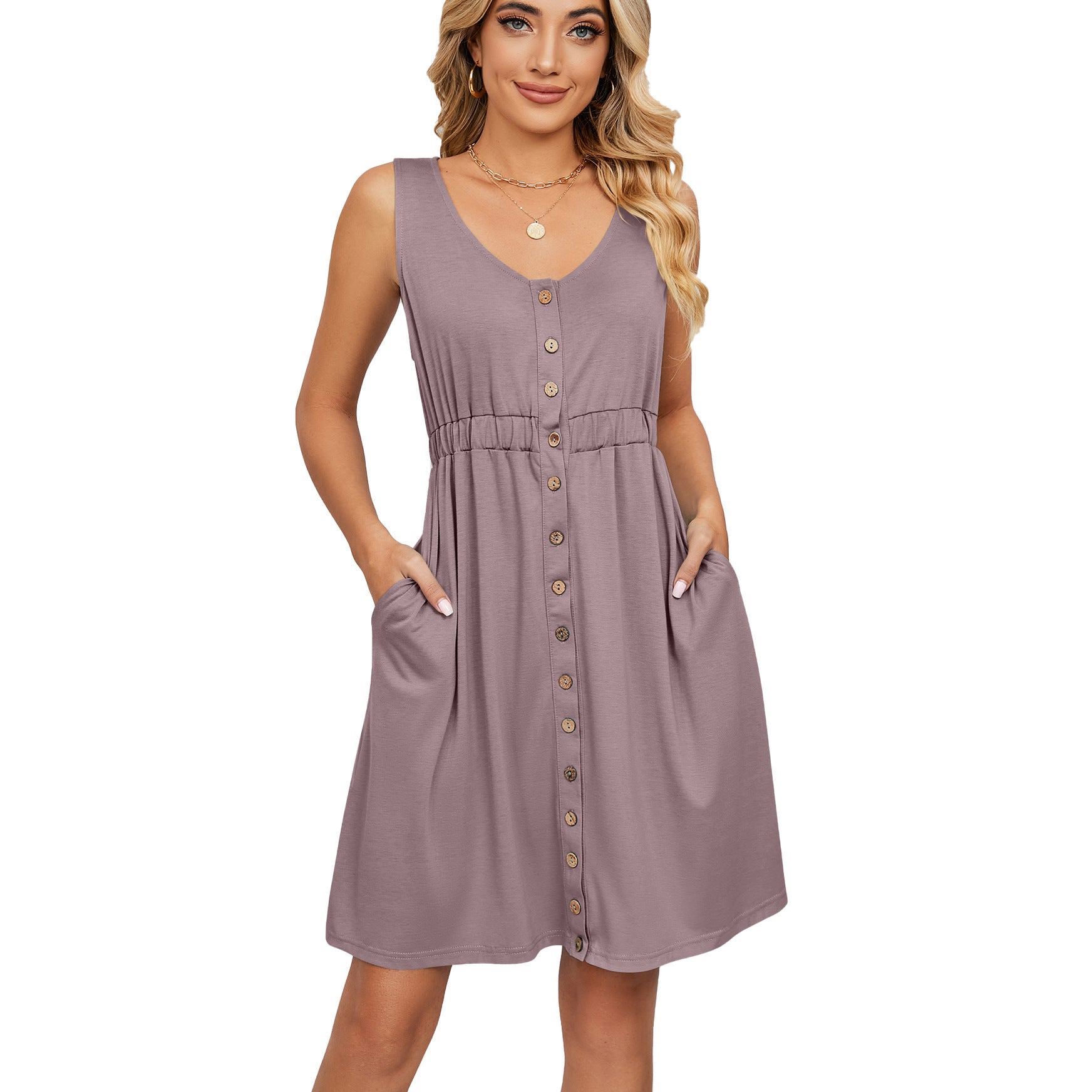 Solid Color Sleeveless Button Pocket Crew Dresses