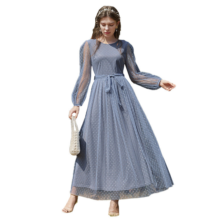 Women's Fashion Casual Round Neck Stitching Mesh Dresses