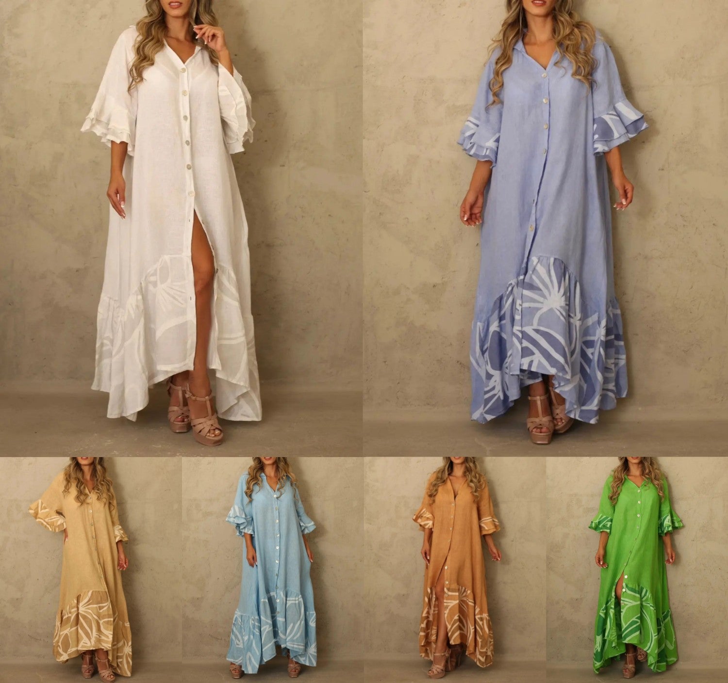 Stitching 7-point Sleeve Ruffled Long Shirt Dresses