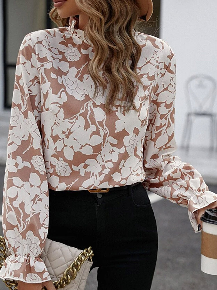 Women's Floral Print Pullover Chiffon Shirt Autumn Tops