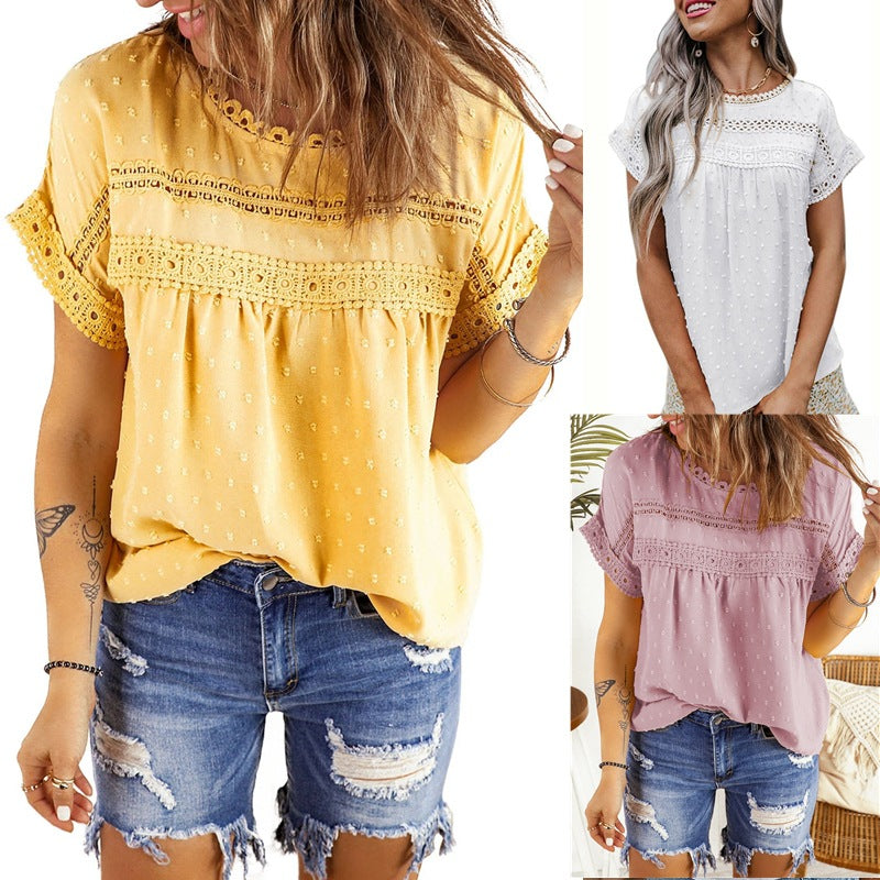 Women's Summer Round Neck Sleeve Lace Pullover Tops