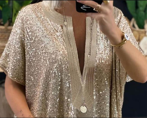 Loose Sequins V-neck Sleeve Sequin Deep Blouses