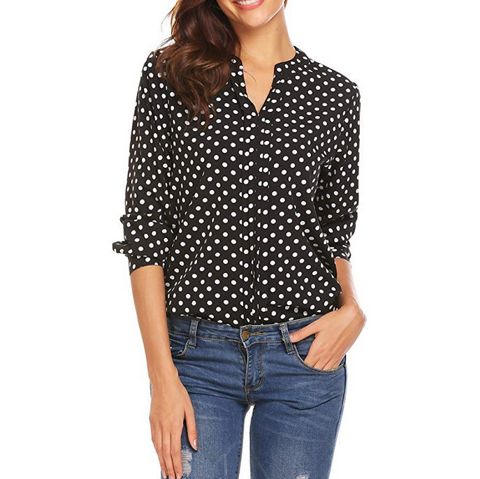 Women's Large Shirt Dotted Prints Long Sleeve Rolled Blouses