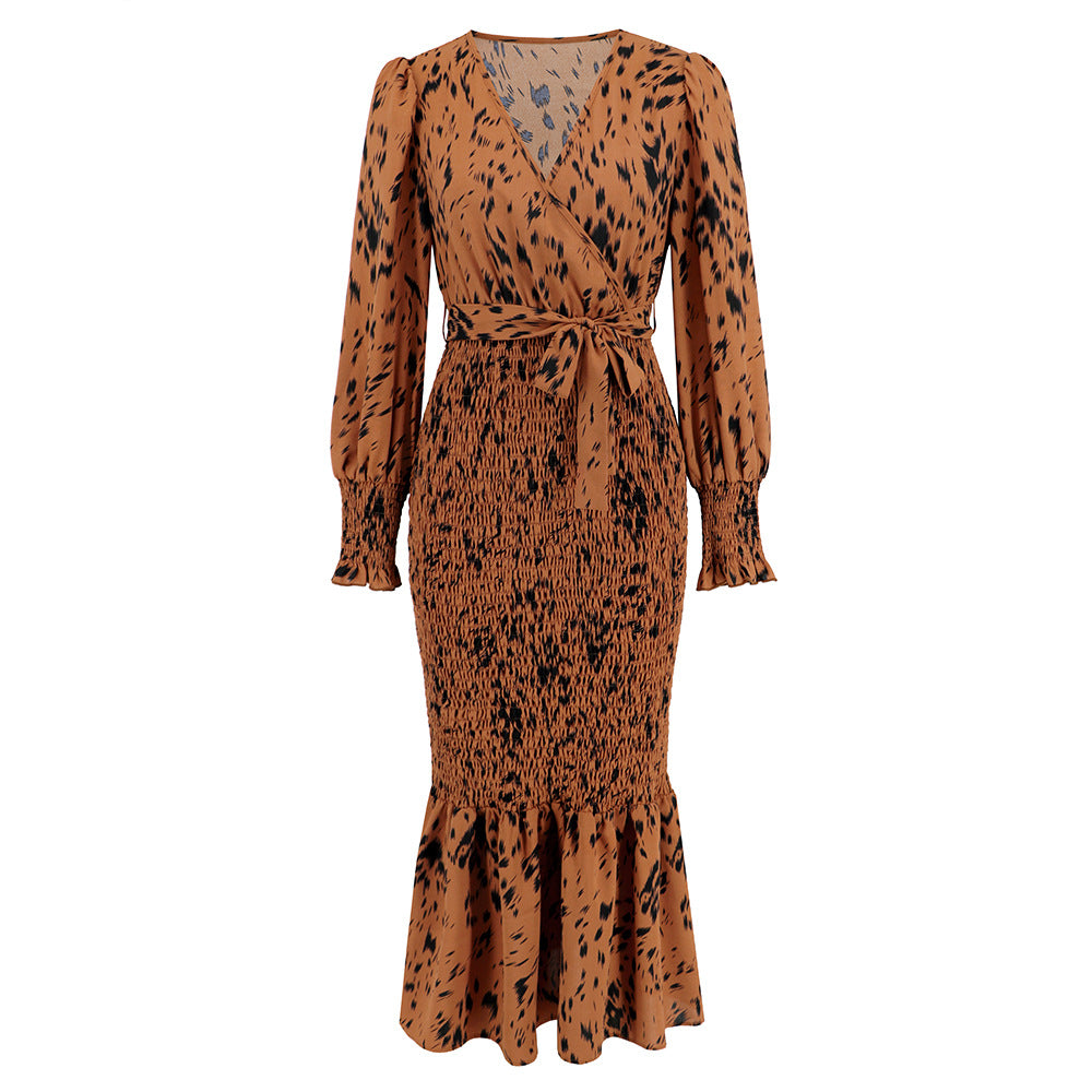 Women's French Elegant Long Dress Leopard Print Dresses