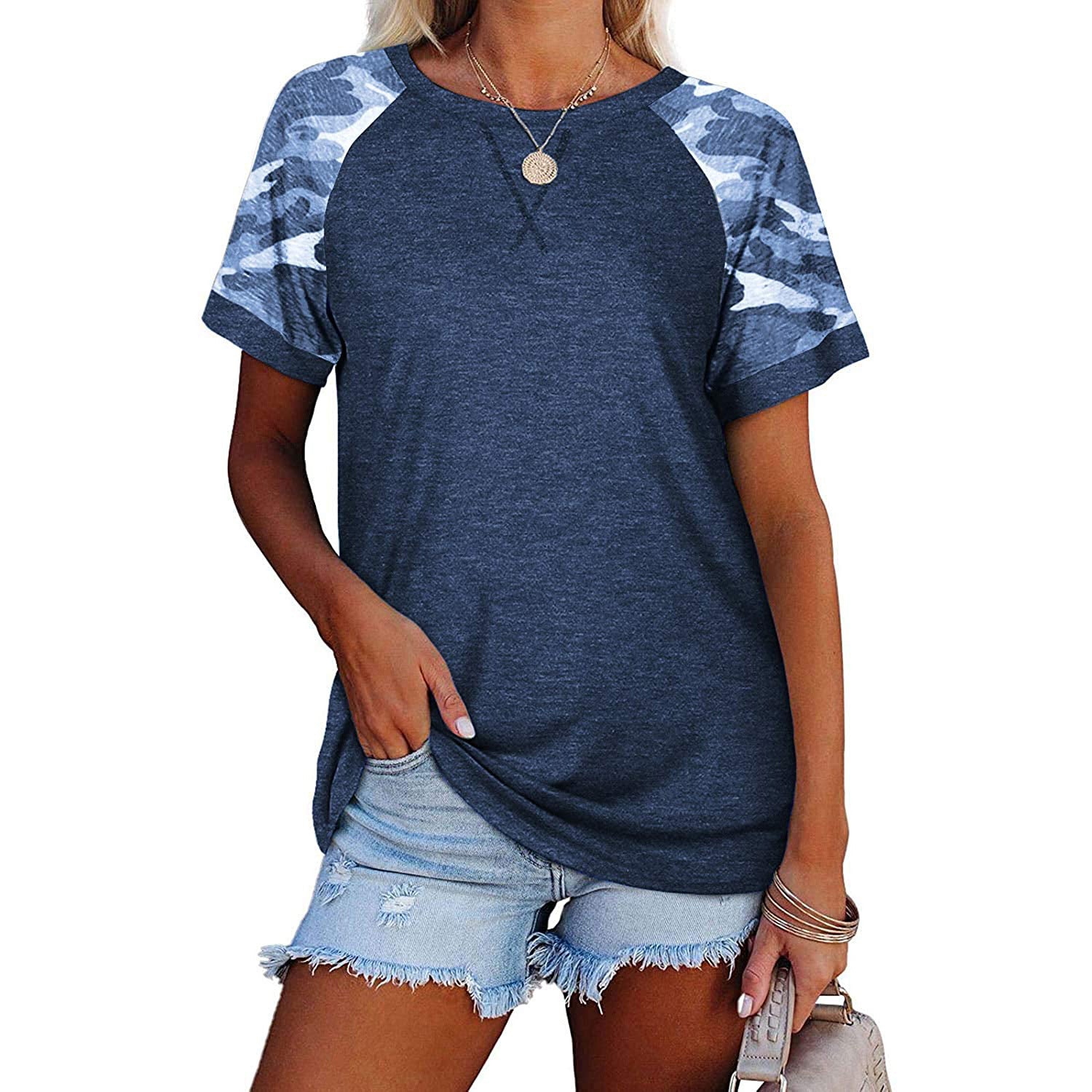 Damen Sommer bedruckte T-Shirt-Blusen mit Rundhalsausschnitt