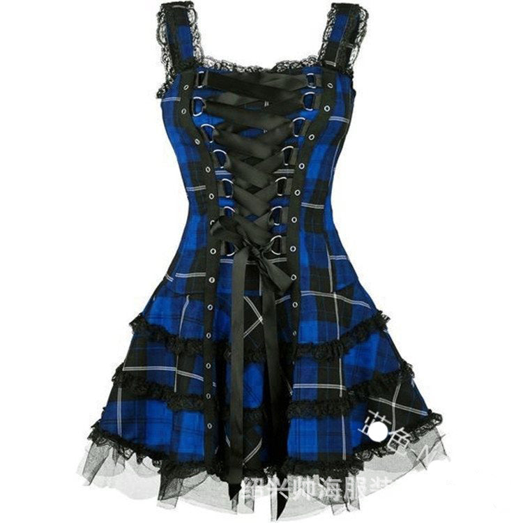 Women's Plaid Printed Lock Lace-up Sleeveless Mesh Dresses