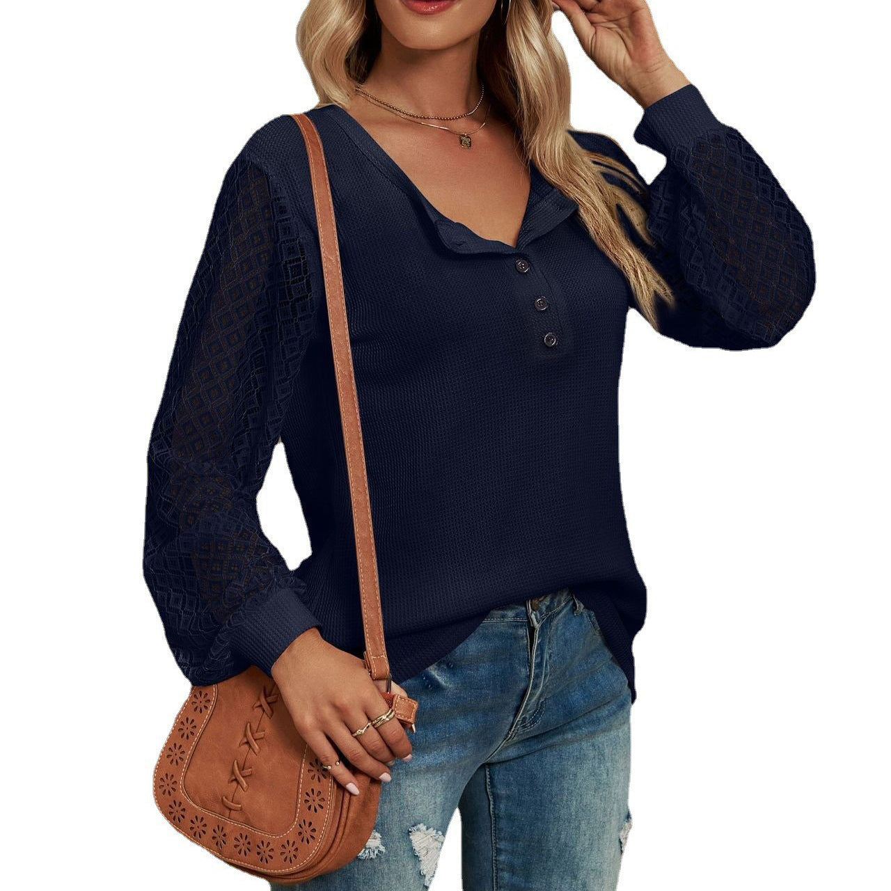 Women's Lace Stitching Long Sleeve Button T-shirt Blouses