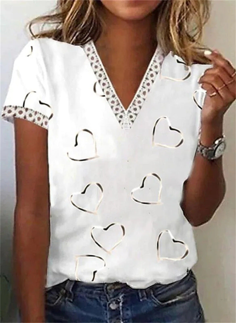 Women's Summer V-neck Printed Cuff Ruffled Sleeves Blouses