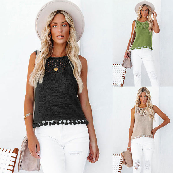 Women's Solid Color Hollow Sexy Tassels Loose-fitting Tops