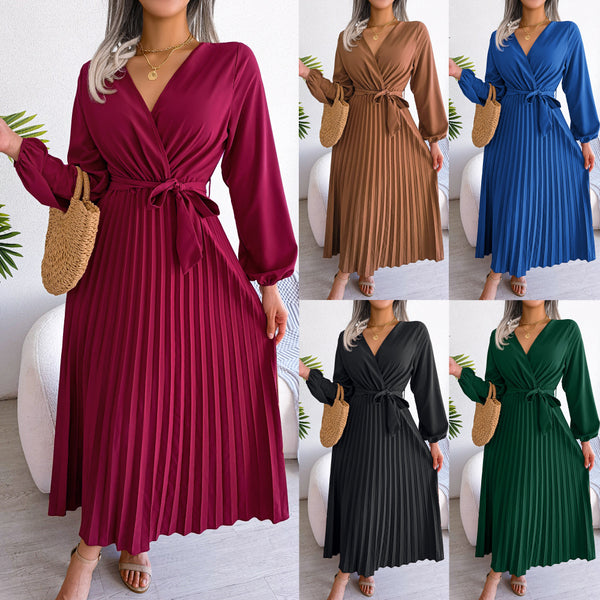 Women's Elegant Cross V-neck Swing Pleated Maxi Dresses