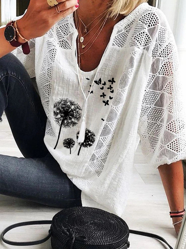 Loose Lace Print Stitching U-neck 3/4 Blouses