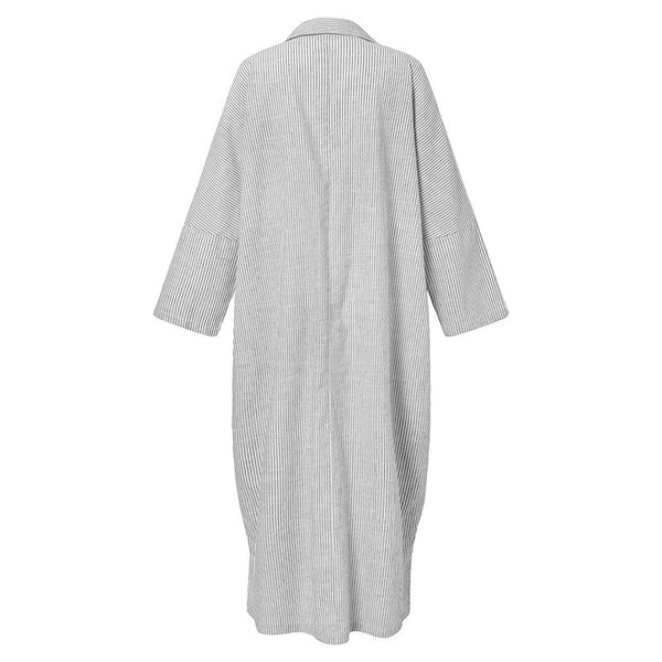 Women's Cotton Linen Stripes Shirtdress Long Sleeve Dresses