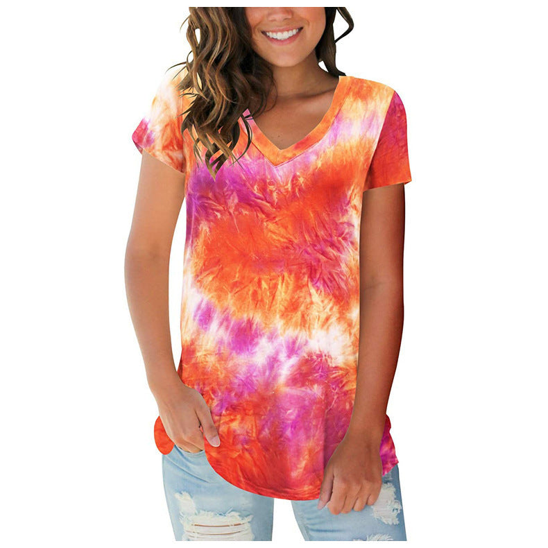 Women's Summer Street Hipster Pullover Tie-dyed V-neck Blouses