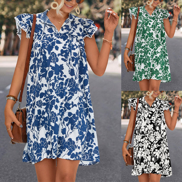 Classic V-neck Up Ruffle Sleeve Printed Dresses