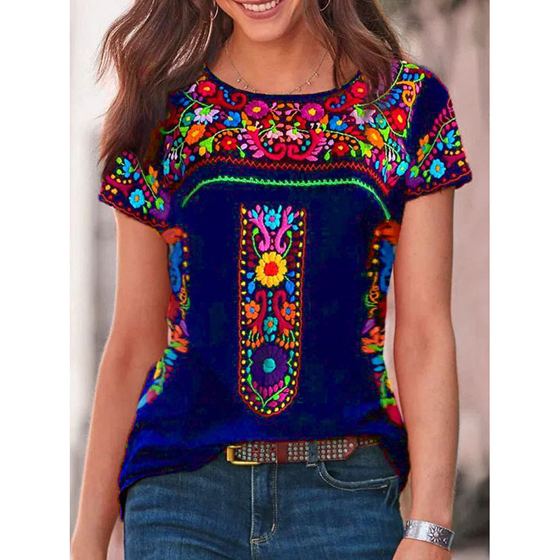 Women's Summer Bohemian Printed Round Neck Sleeve Blouses