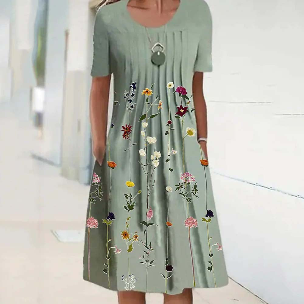 Women's Floral Print Round Neck Pocket Mid-length Dresses