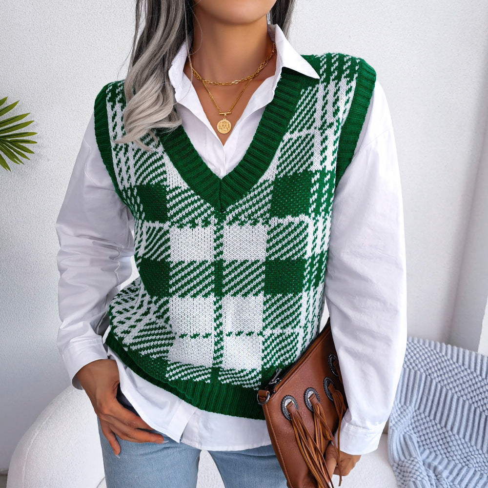 Fashion Women's Casual Color Plaid Knitted Sweaters