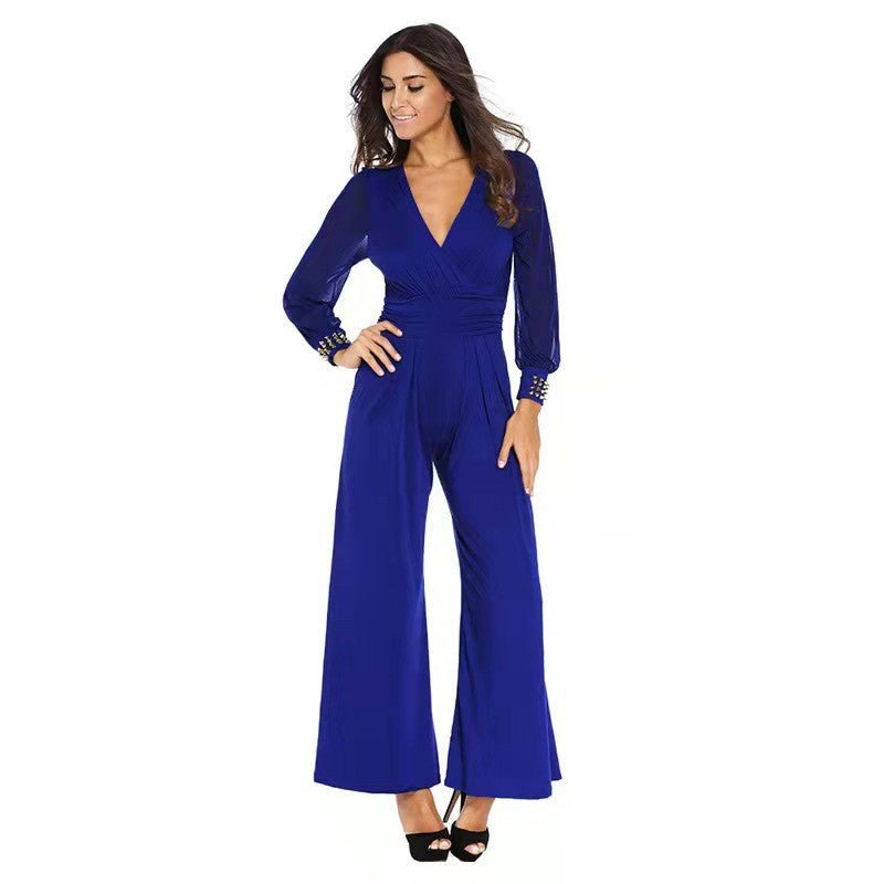 Women's Casual Mesh Stitching Rivet Straight Suits