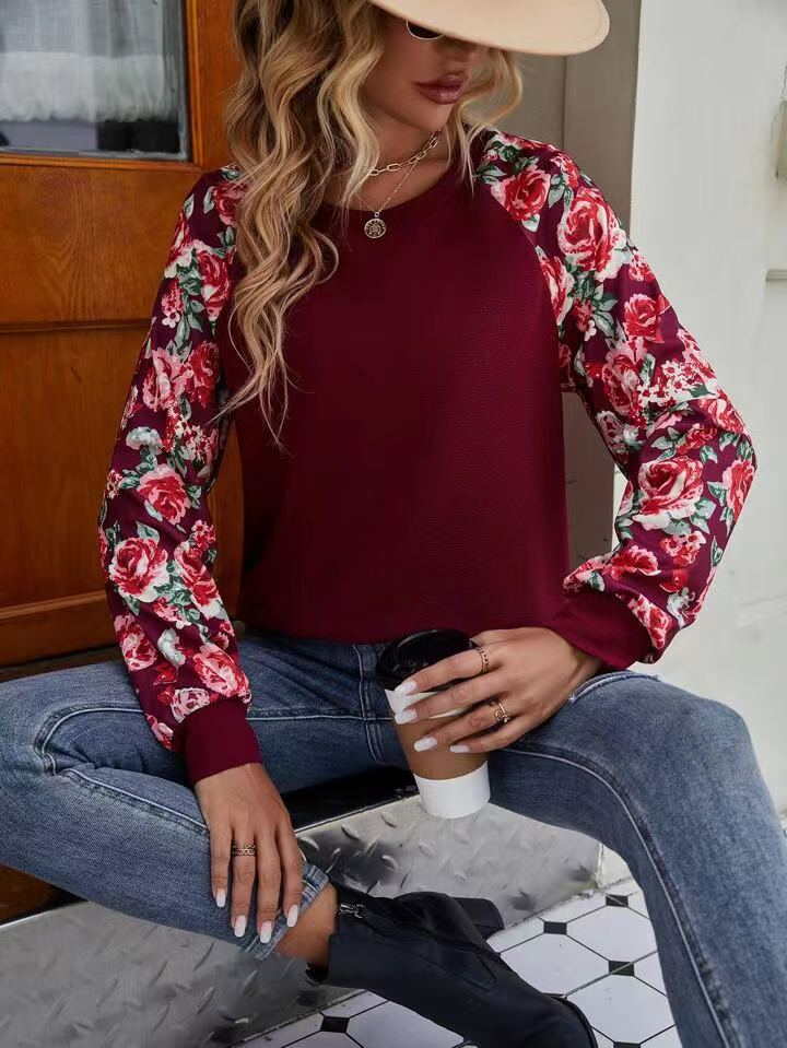 Women's Print Stitching Fashion Versatile Casual Round Sweaters