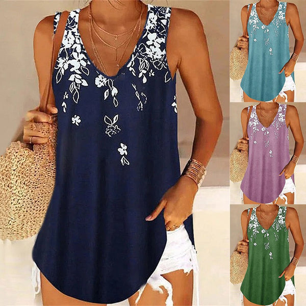 Women's Amoi Loose V-neck Pullover Sleeveless Printed Tops