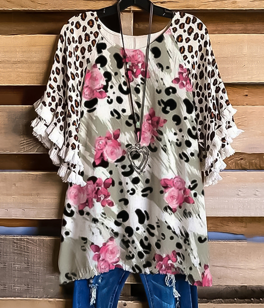 Women's Summer Floral Ruffle Sleeve Round Neck Multicolor Printing Loose Blouses