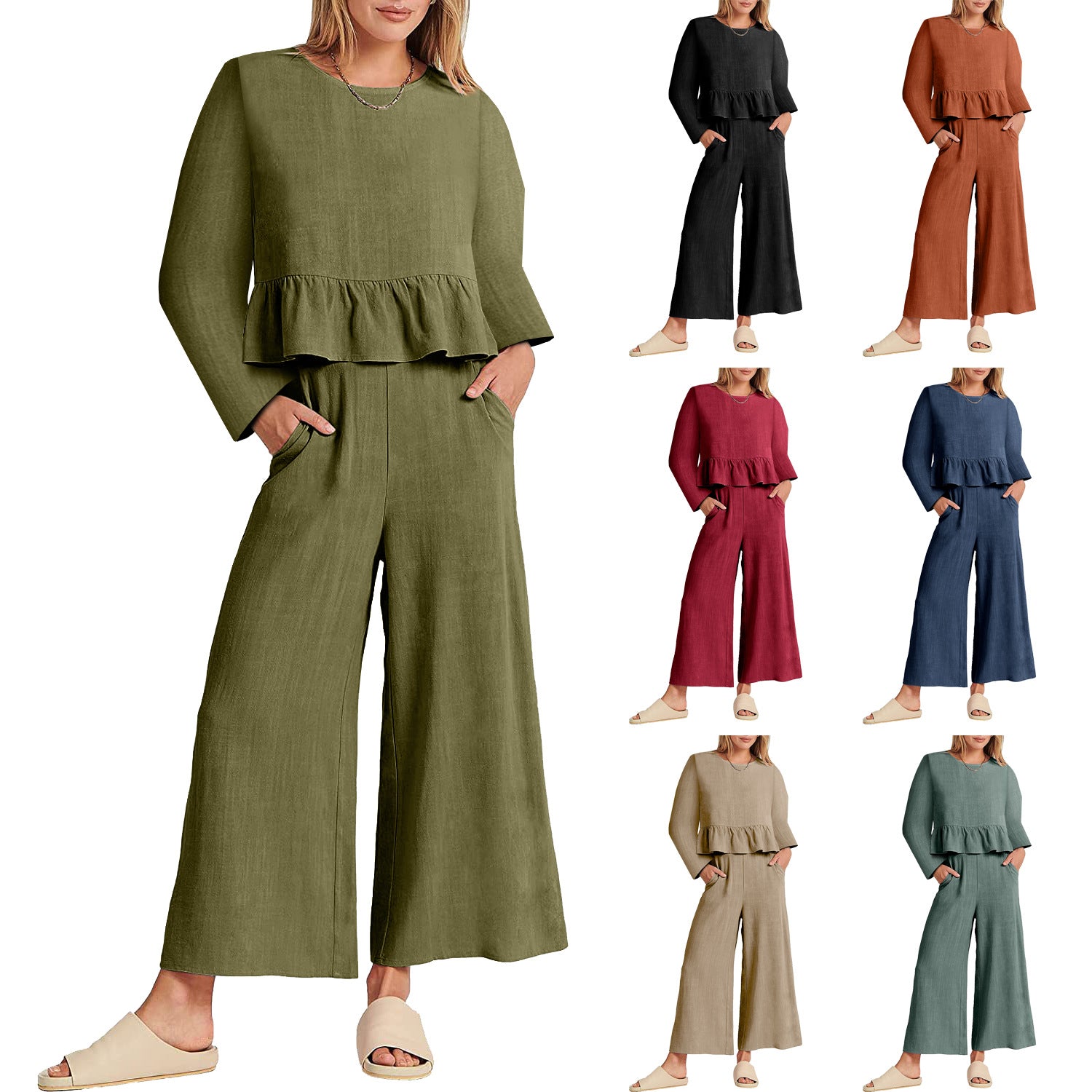 Women's Summer Long-sleeved Pleated Cropped Casual Suits