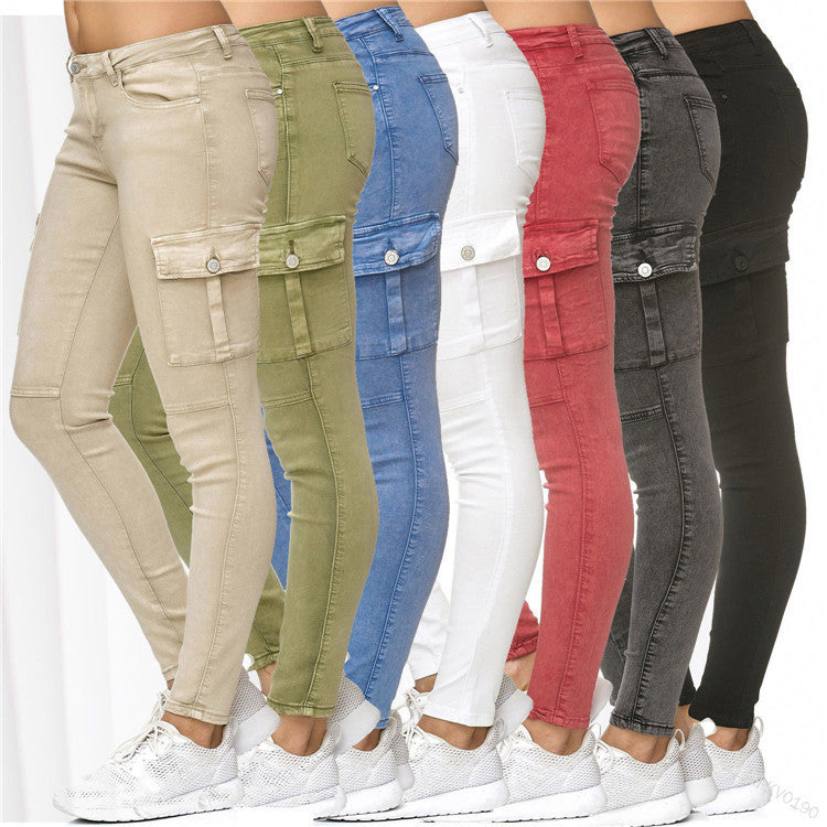 Women's Side Three-dimensional Pocket Skinny Tappered Jeans