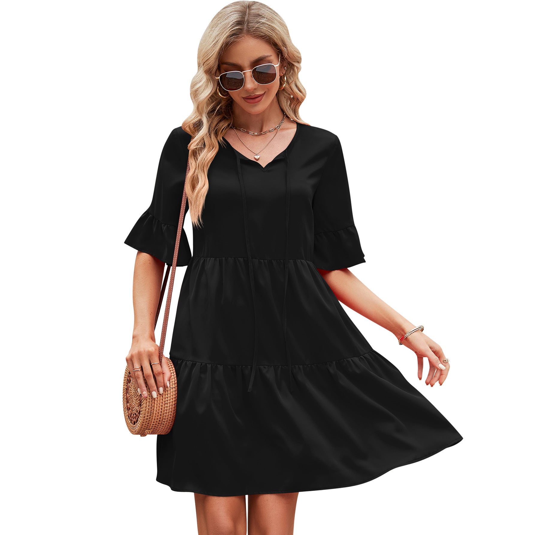 Women's Casual Pleated Sleeves Bohemian High Waist Dresses