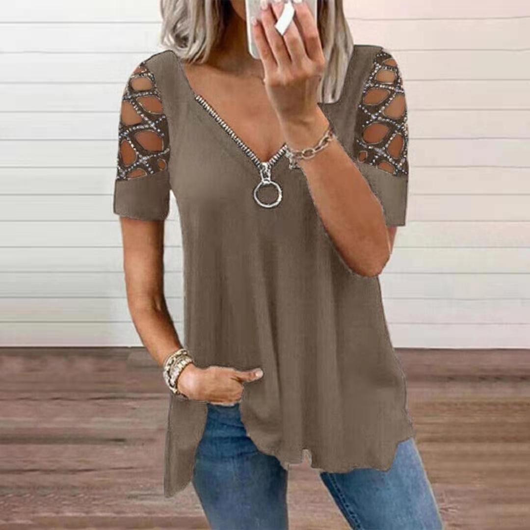 Women's Fashion V-neck Solid Color Hollow Sleeve Rhinestone Tops