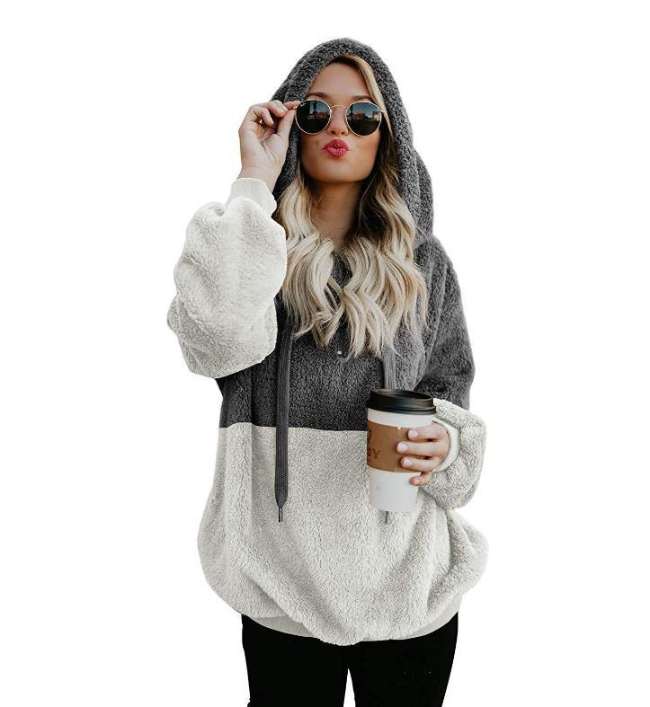 Women's Patchwork Rope Hooded Fleece Pullover Sweaters