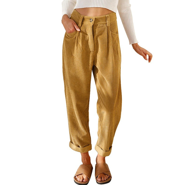Women's Autumn High Waist Casual Solid Color Corduroy Pants