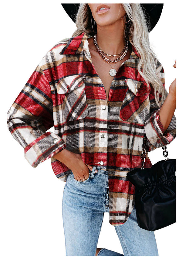 Loose Wool Plaid Long Sleeve Shirt Blouses