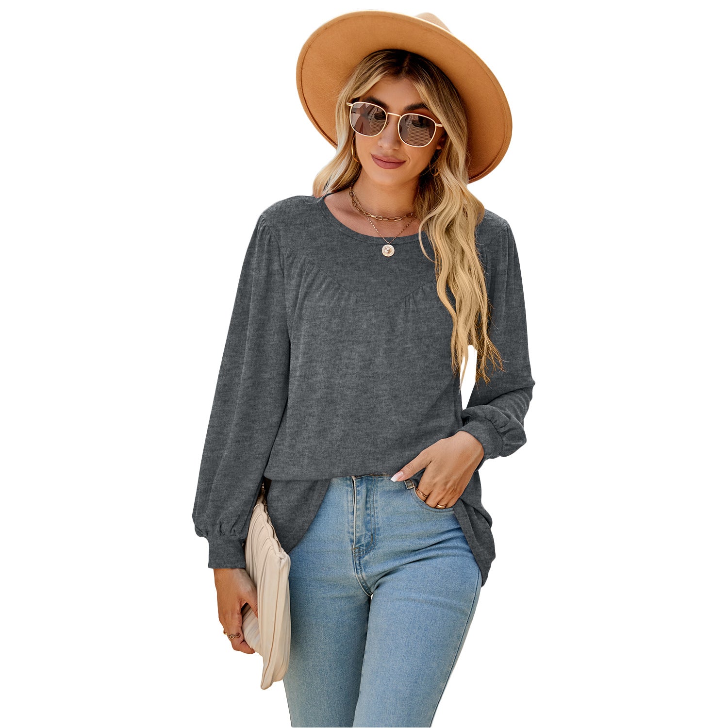 Women's Lantern Sleeve Loose Round Neck T-shirt Casual Blouses