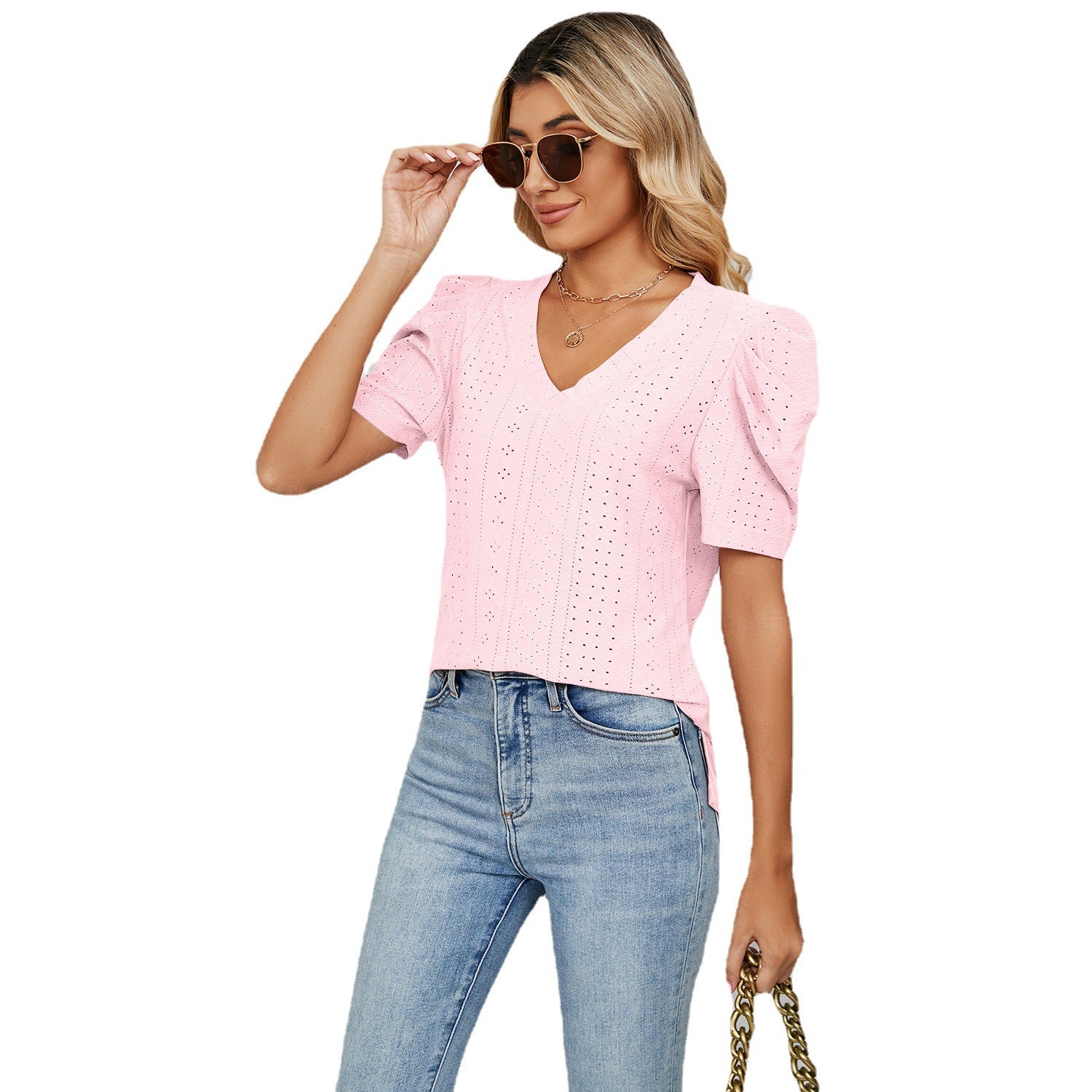 Women's Summer V-neck Puff Sleeve Loose Blouses