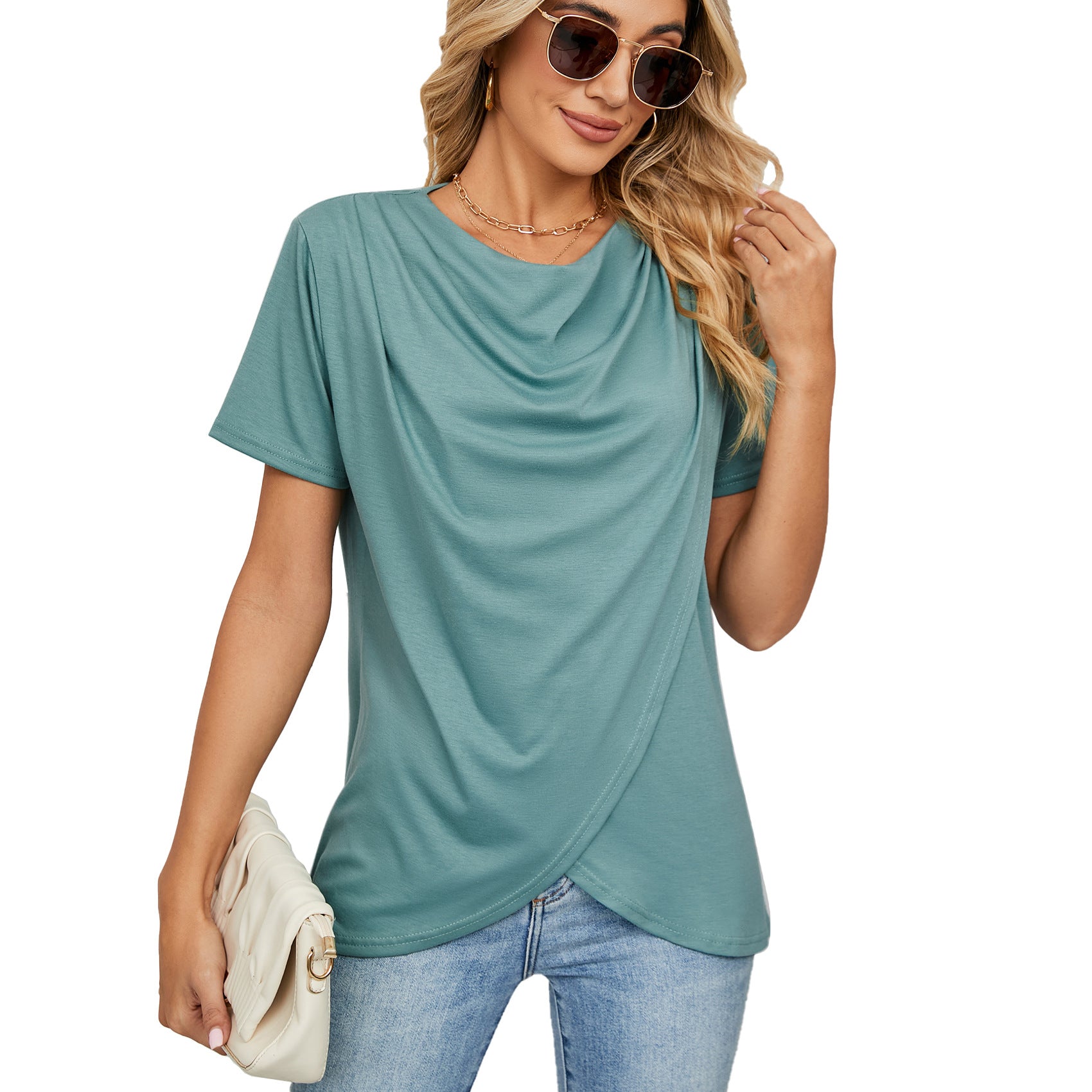 Women's Solid Color Round Neck Cross Loose Blouses