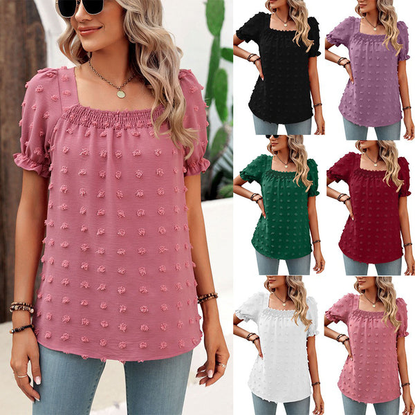 Women's Large Ball Short-sleeved Square Collar Pleated Blouses