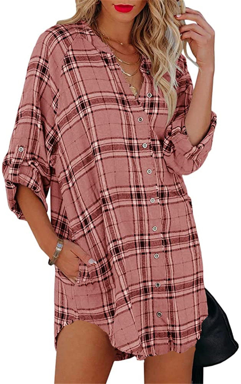 Women's Shirt Plaid Printed V-neck Long Sleeve Blouses