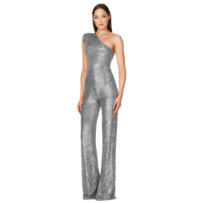 Women's Fashion Sleeveless One-shoulder Sequined Summer Jumpsuits