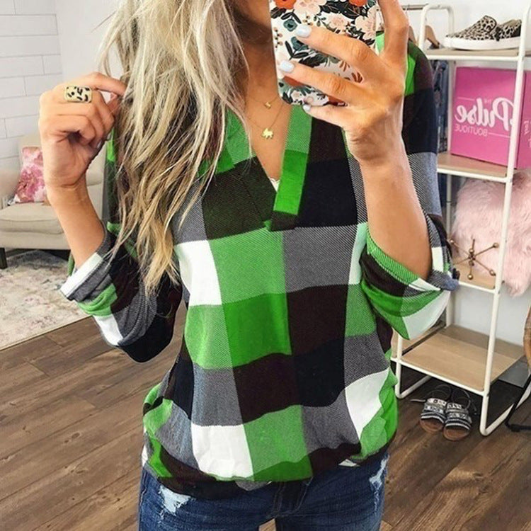 Women's Shirt Plaid Printed V-neck Long Sleeve Blouses