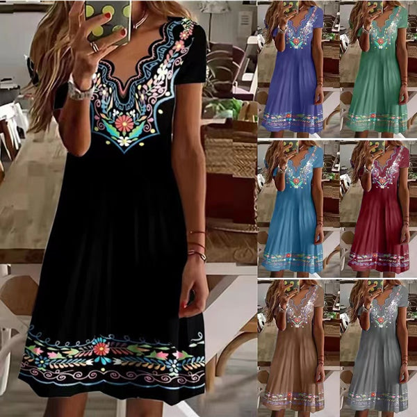 Wave V-neck Printed Short-sleeved Pastoral Casual Dresses