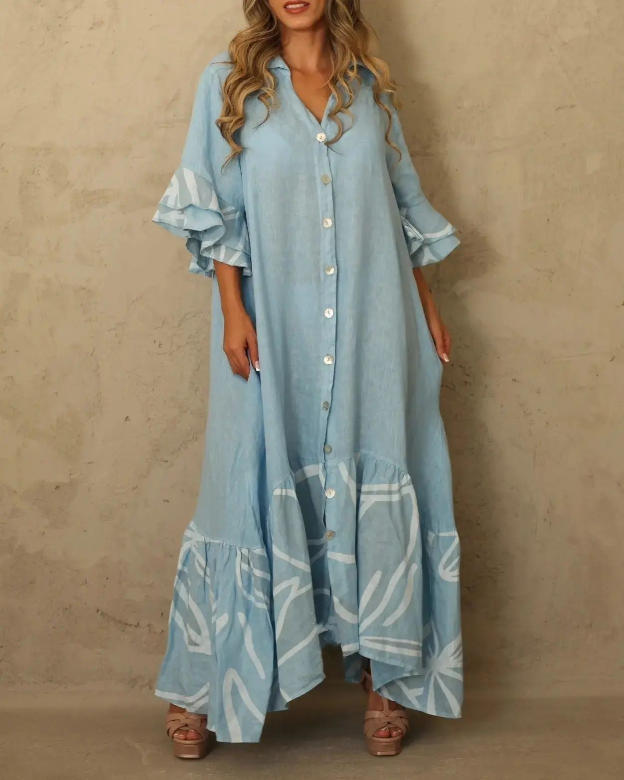 Stitching 7-point Sleeve Ruffled Long Shirt Dresses