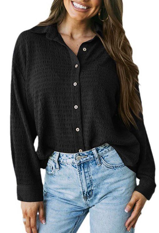 Women's Loose Pockets Lapel Button Texture Shirt Blouses