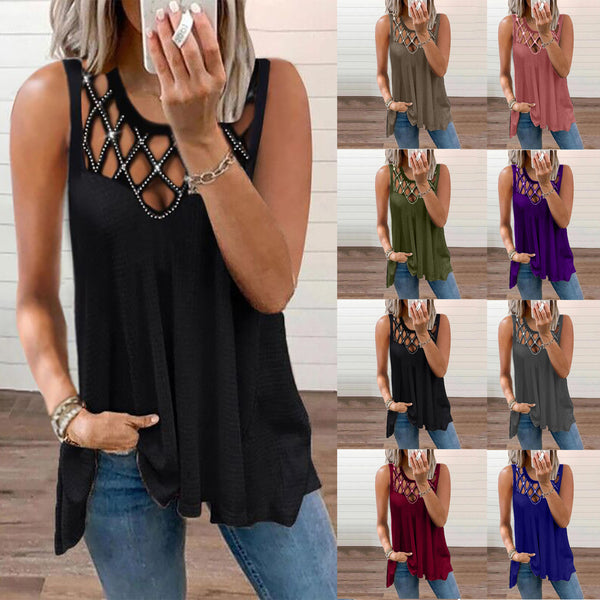 Women's Sexy Rhinestone Sleeveless Solid Color T-shirt Tops