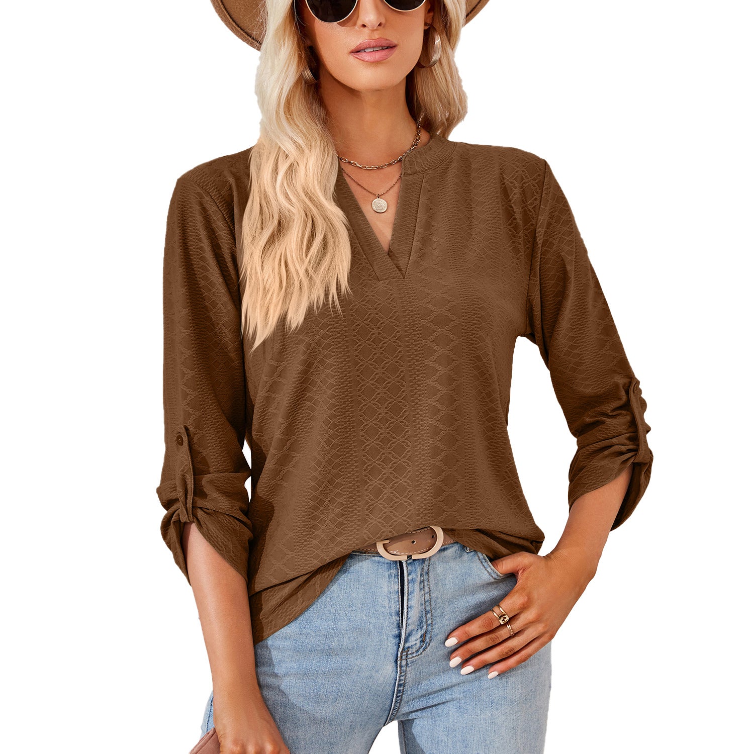 Women's Solid Color And Three-quarter Sleeve Button Blouses