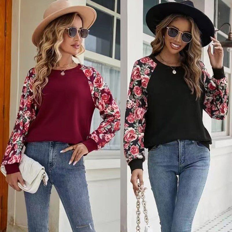 Women's Print Stitching Fashion Versatile Casual Round Sweaters