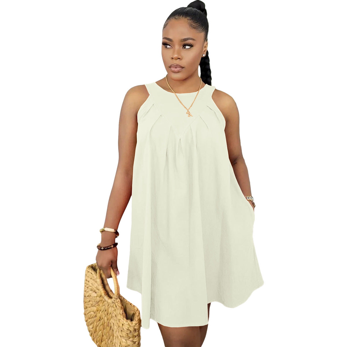 Summer Solid Color Sleeveless With Pocket Dresses