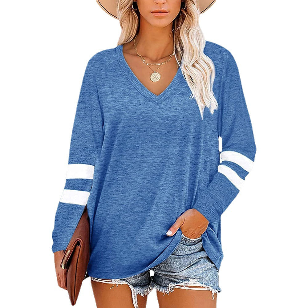 Women's Color V-neck Striped Stitching Long-sleeved Loose Blouses