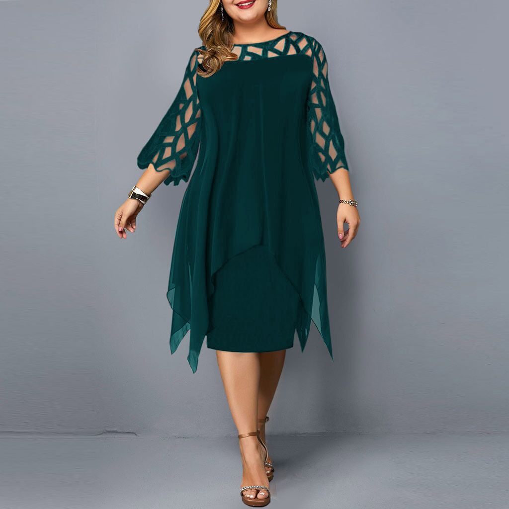 Lace Stitching 3/4 Sleeve Irregular Hem Chiffon Dresses